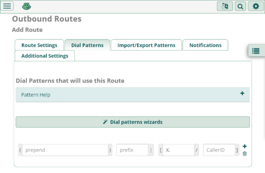 Screenshot freePBX-Einrichtung. Add Outbound Dial Pattern