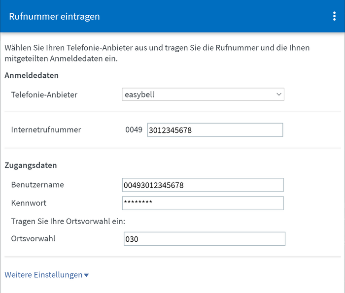 Rufnummer einrichten in Fritz!OS 7.x