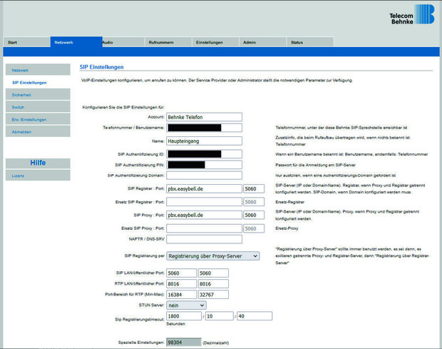 screenshot Behnke SIP Sprechstelle Einstellungen