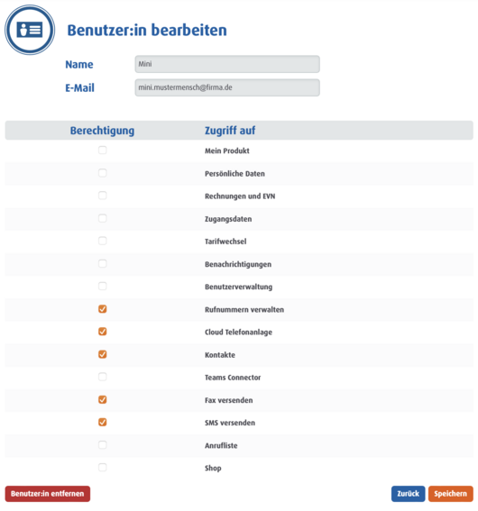 Benutzerkonto einrichten, Bereiche freigeben
