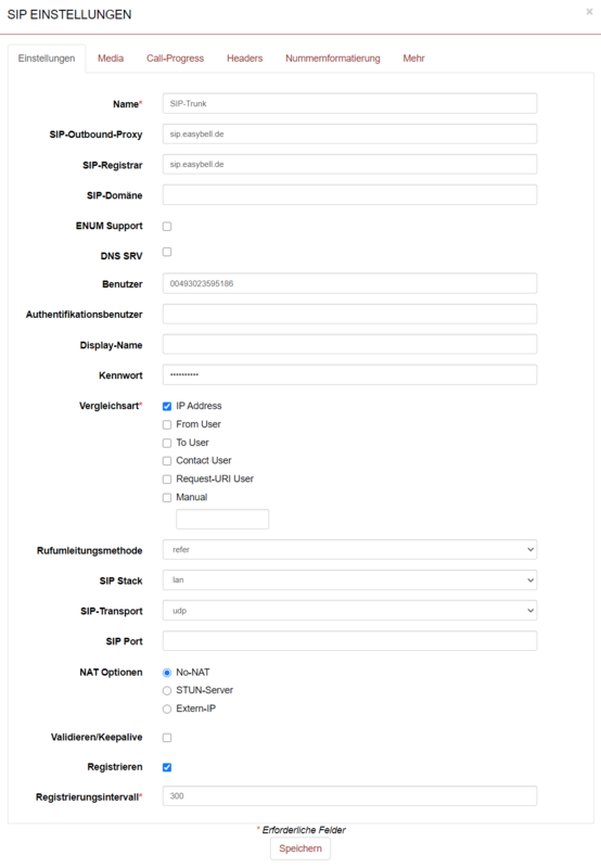 Screenshot der SIP Einstellungen