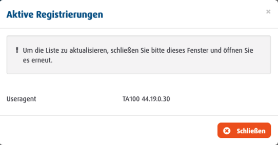 Screenshot der aktiven Registrierungen