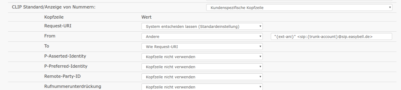 Einstellungen für CLIP no screening bei Vodia PBX