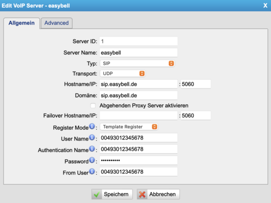 Screenshot SIP-Zugangsdaten eintragen (PBX)