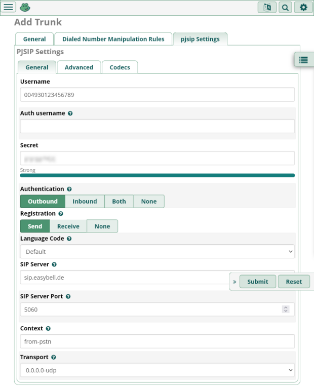 Screenshot freePBX-Einrichtung. Add Trunk, pjsip settings general