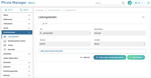 Leitungstaste bearbeiten im snom D865
