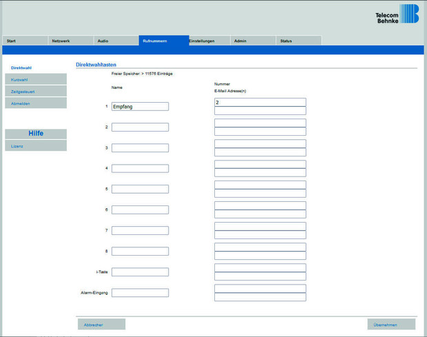 screenshot Behnke SIP Sprechstelle Direktwahltasten