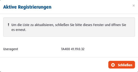 Screenshot der aktiven Registrierungen