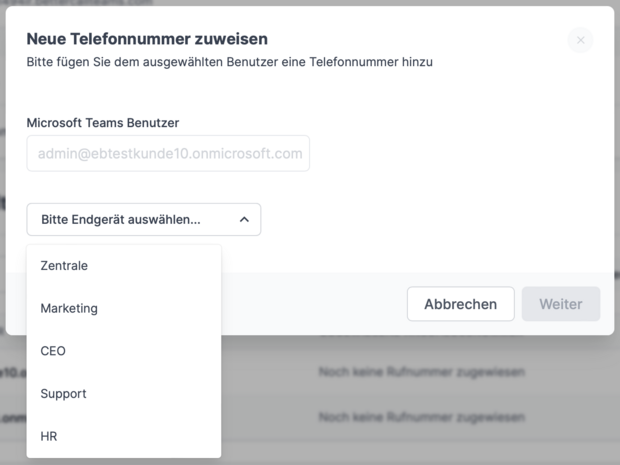 screenshot Rufnummer zuweisen via Cloud Telefonanlage