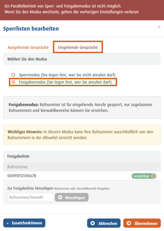Benutzeroberfläche zur Verwaltung eingehender Anrufe mit aktiviertem Freigabemodus