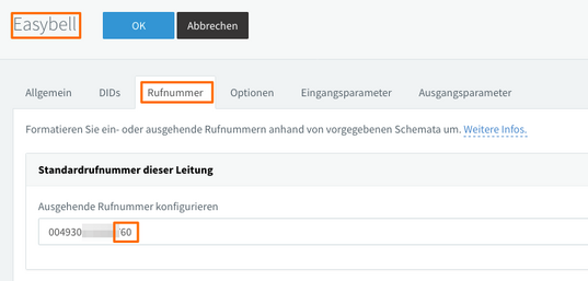 3cx Rufnummer easybell Screenshot