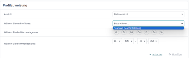 Wählen sie das gewünschte Profil aus, an das Sie die Rufweiterleitung binden wollen und ebenfalls an welchen Tagen der Woche.
