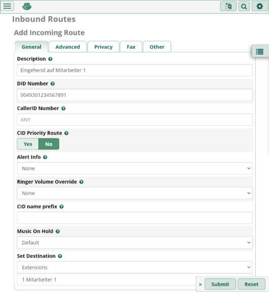 Screenshot freePBX-Einrichtung. Add Incoming Route