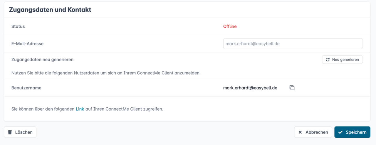 Zugangsdaten und Kontaktdaten für den ConnectMe-Client im Easybell Kundenportal mit Benutzername und E-Mail-Adresse
