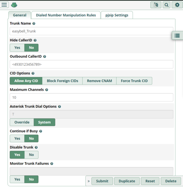 Screenshot freePBX-Einrichtung. Add Trunk, General