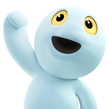 3-D-Figur Ping in Hellblau mit großen gelb-schwarzen Augen und jubelnd erhobenem Arm
